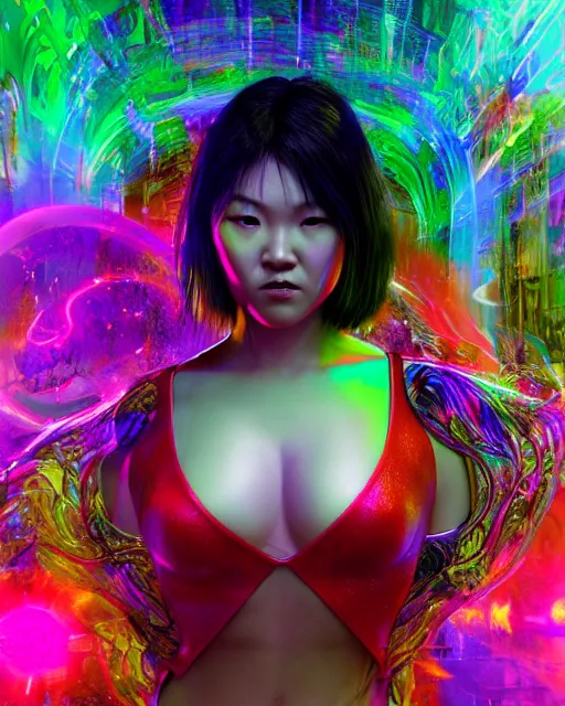 Image similar to a powerful energy psychedelic matrix asian woman, by alexander fedosav, hyper detailed digital matte painting, concept art, hyperrealism, 1 6 k resolution, cinema 4 d, 8 k resolution, trending on artstation, behance hd, a masterpiece, by stephan martiniere, particles, cel - shaded, power bright neon energy, by david a. hardy