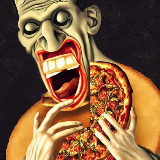 Prompt: frankenstein eating a slice of pizza with his mouth wide open