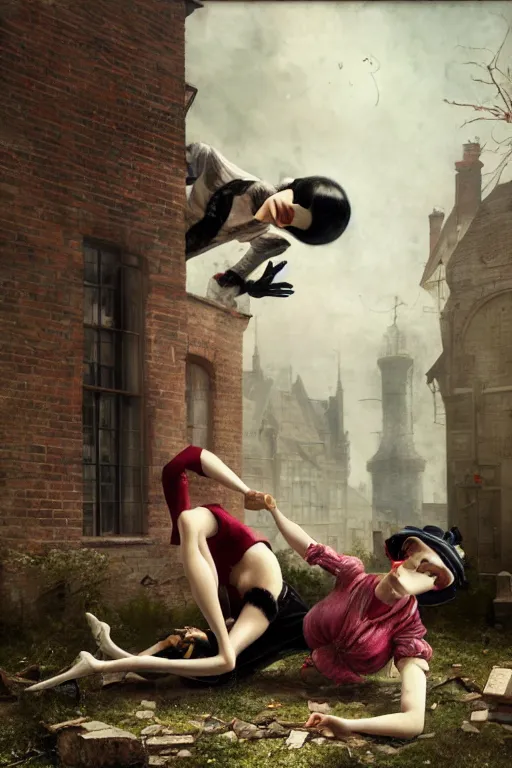 Image similar to man breaking into pieces while a woman tries to hold the fallen parts, surreal, ray caesar and john constable