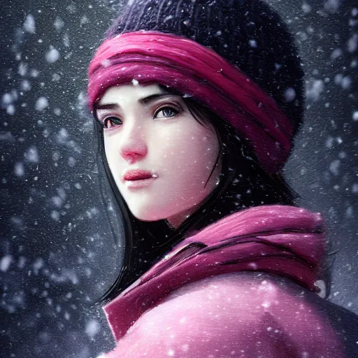 Image similar to a pink and black haired girl wearing a beanie in the snow, digital art, 8 k resolution, unreal engine, highly detailed, pretty face, very beautiful face, very detailed eyes, photorealistic by wlop, greg rutkowski