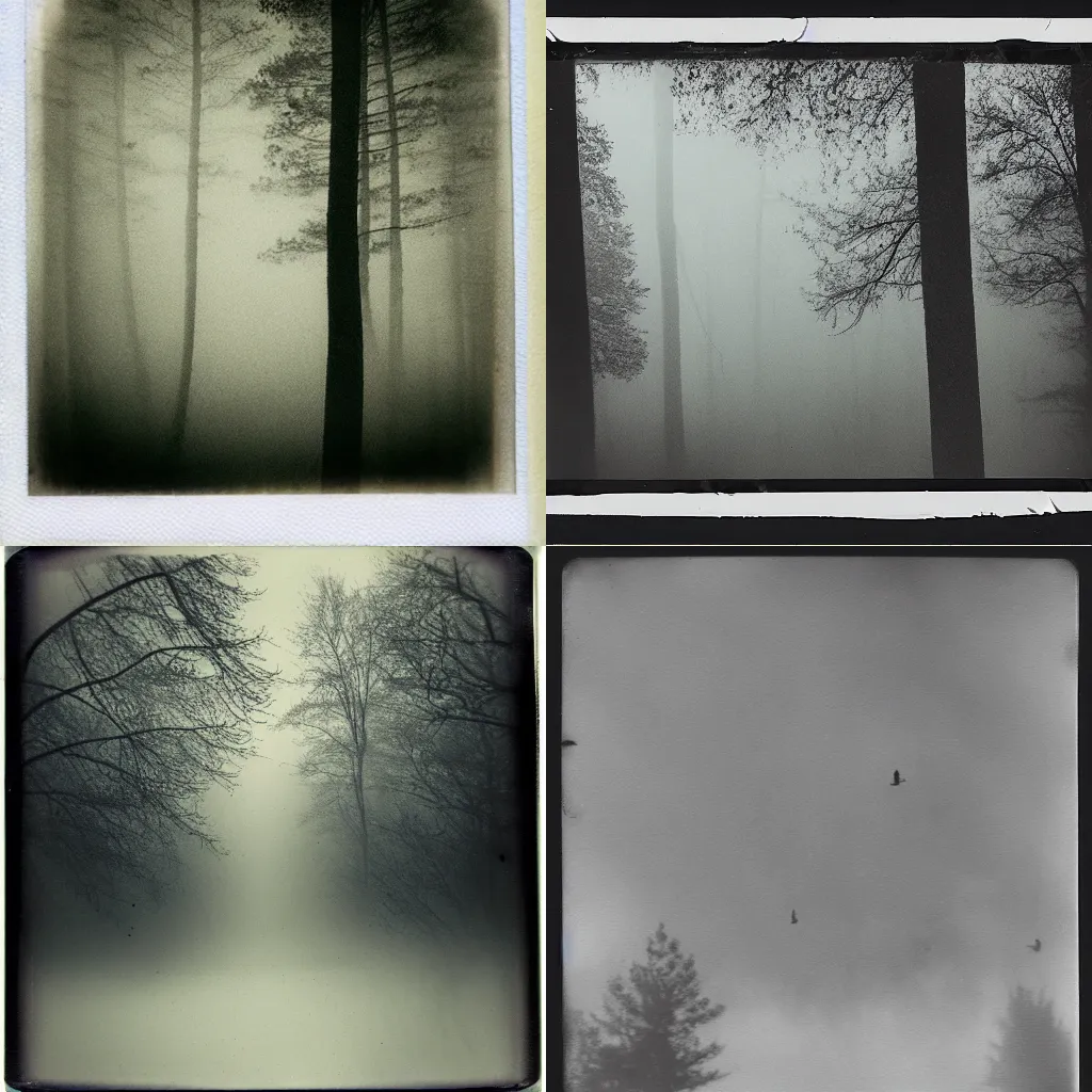 Prompt: birds in the sky, trees, liminal space, fog, black and white polaroid, dust, stains, static, noise, yellowed