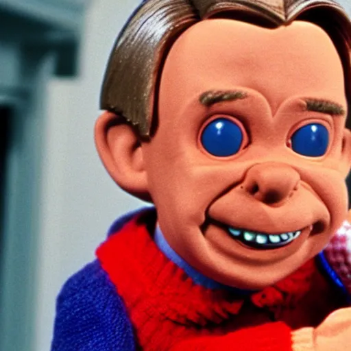 Image similar to Mr. Rogers holding a Chucky doll from the movie Child's Play from 1988 highly detailed 8k hdr