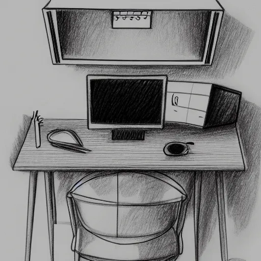 Image similar to a website designer sat in front of a computer desk pencil sketch