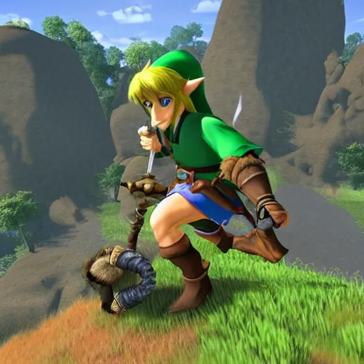 Prompt: link from the legend of zelda riding a giant gorilla, 6 0 fps max settings, beautiful, ingame screenshot