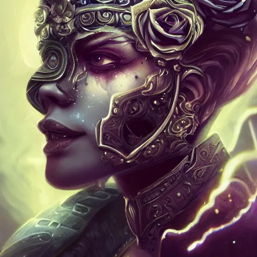 Image similar to Very very very very highly detailed mystic, enigmatic, strange portrait of a phantom warrior with galaxy, roses, shark's teeth by Artgerm, intricate, extremely detailed, digital painting, artstation, concept art, smooth, sharp focus, illustration, intimidating lighting, incredible art,