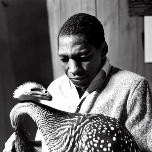 Image similar to john coltrane snuggling an ostrich