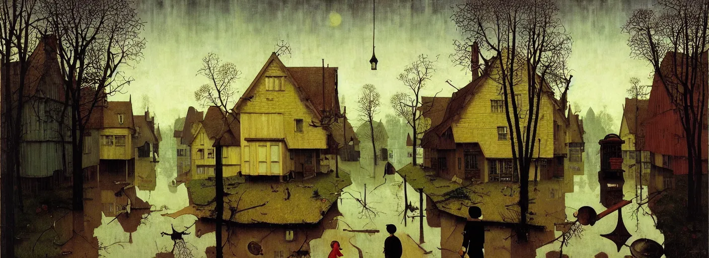 Prompt: flooded old wooden street, very coherent and colorful high contrast masterpiece by norman rockwell franz sedlacek hieronymus bosch dean ellis simon stalenhag rene magritte gediminas pranckevicius, dark shadows, sunny day, hard lighting, reference sheet white background