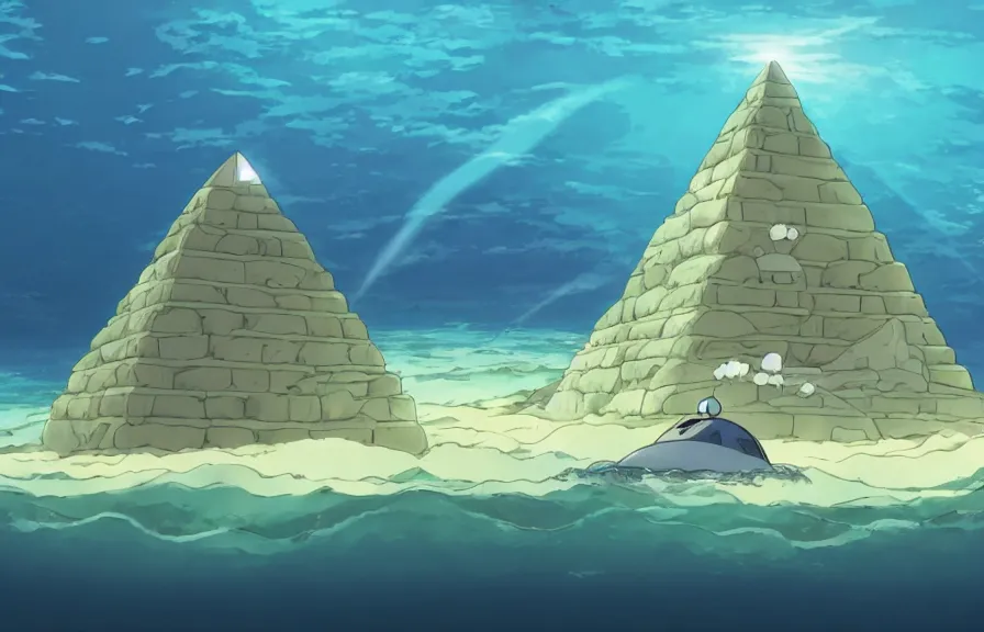 Prompt: a realistic studio ghibli cell - shaded cartoon showing an eel submarine swimming in front of a white pyramid underwater at the bottom of the sea. shafts of sunlight come from above. wide shot, very dull muted colors, hd, 4 k, hq