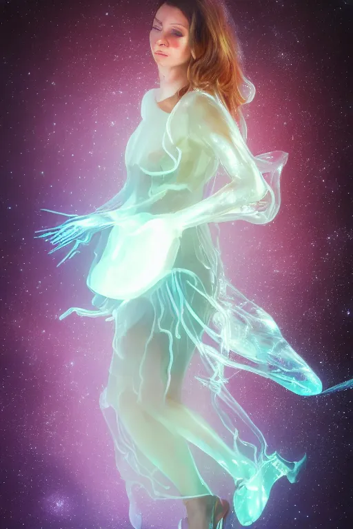 Image similar to a photorealistic full body portrait of a woman wearing a translucent jelly fish dress in space, dynamic lighting, hyper realistic, cinematic, blur, stunning, ray tracing