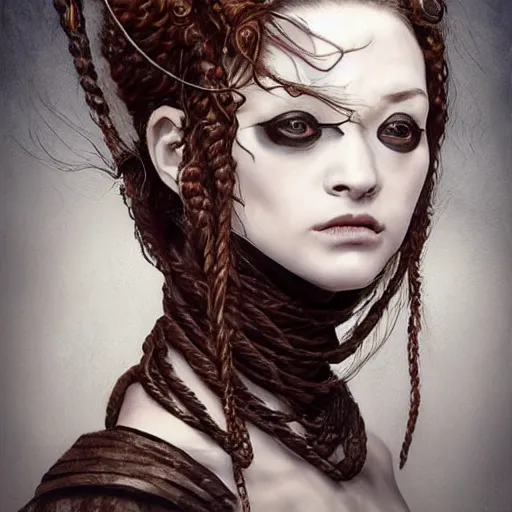 Image similar to portrait of a Shibari rope wrapped face and neck, headshot, insanely nice professional hair style, dramatic hair color, digital painting, of a old 15th century, old cyborg merchant, amber jewels, baroque, ornate clothing, scifi, realistic, hyperdetailed, chiaroscuro, concept art, art by Franz Hals and Jon Foster and Ayami Kojima and Amano and Karol Bak,