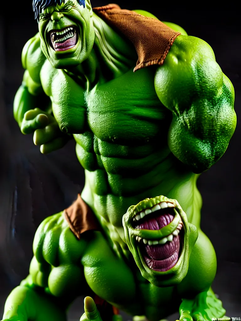 Prompt: hyperrealistic rendering, hulk by bernie wrightson and killian eng and joe fenton, product photography, action figure, sofubi, studio lighting, colored gels, colored background