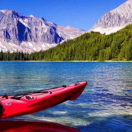 Prompt: a beautiful image of a breathtaking lake with amazing mountains in the background, there is a kayak in the foreground on the beach, landscape