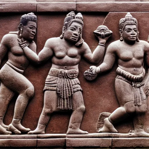 Prompt: angkor bas relief new england Patriots score a touchdown