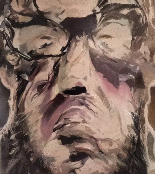 Image similar to portrait of muscular, tired and alcoholic 3 4 - year - old grieving man with short darkblonde hair, serious sad look in his eyes, looking down, dirty beard, blue eyes, crying tears, wearing dirty soldier uniform, on the desert, sad atmosphere, hyper realistic face, character art, art by mark brooks, cryengine, trending on artstation, digital art