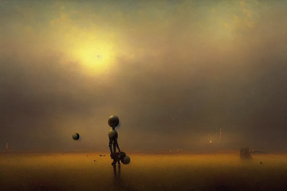 Image similar to sci-fi painting of a large alien city on the vast wheat fields, the closed back view of one humanoid robot on the ground, by Ivan Aivazovsky, godrays, detailed