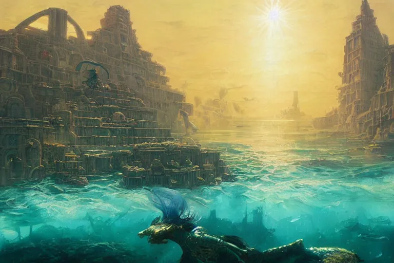 Prompt: a beautiful painting of the lost city of Atlantic city under water, ray of sunlight, mermaid in distance, Greg Rutkowski, Mohrbacher, blue and gold color scheme