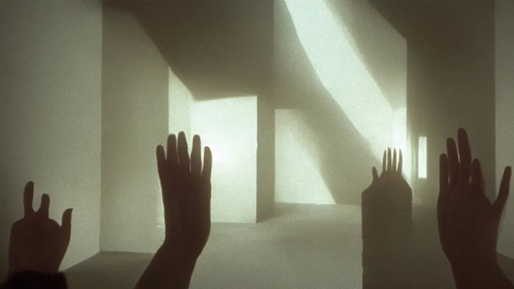 Image similar to the giant hand reaches inside our living room, film still from the movie directed by Denis Villeneuve with art direction by Zdzisław Beksiński, wide lens, golden hour