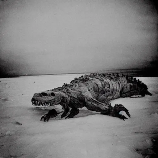 Image similar to a mummified t-rex corpse found in the artic ice and snow, taken by a ww2 camera.