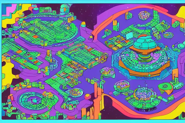 Prompt: isometric view, game board, cosmic horror game, in the style of Jack Kirby,