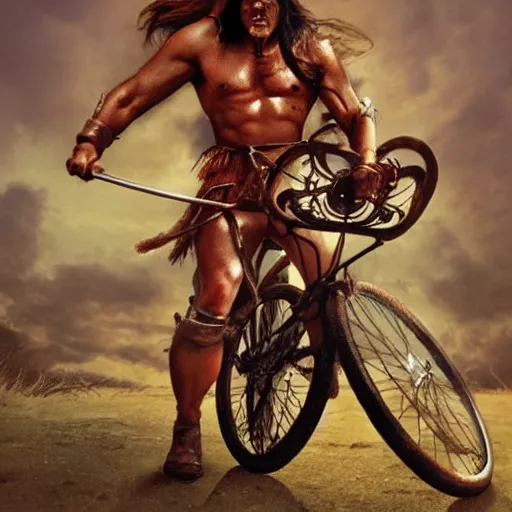 Image similar to conan the barbarian on a bicycle smoking a pipe in a sombrero, photorealistic