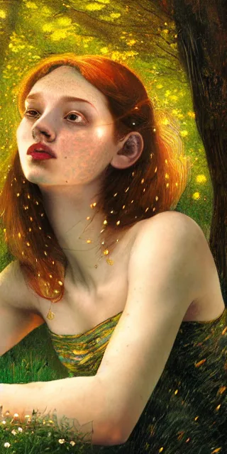 Prompt: an marveled young woman surrounded by golden firefly lights in a mesmerizing scene, sitting amidst nature fully covered, intricate detailed dress, long loose red hair, precise linework, accurate green eyes, small nose with freckles, smooth oval head, expressive emotions, hyper realistic ultrafine portrait by artemisia gentileschi, jessica rossier, artgerm