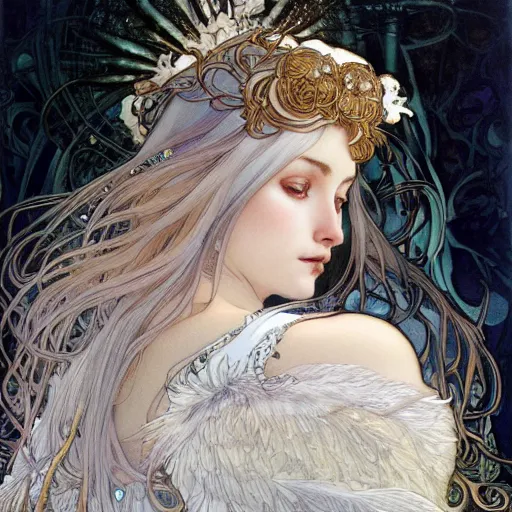 Prompt: realistic detailed face portrait of an otherworldly fairy tale Snowy Owl Queen with a halo of white feathers in her hair by Alphonse Mucha, Ayami Kojima, Amano, Charlie Bowater, Karol Bak, Greg Hildebrandt, Jean Delville, and Mark Brooks, Art Nouveau, Neo-Gothic, gothic, rich deep moody colors