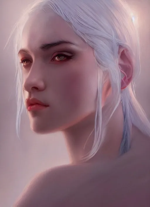 Prompt: girl with white hair, beautiful highly detailed face, complementary lighting, backlit, eyeshadow, divine, beautiful painting by artgerm and greg rutkowski and raymond swanland