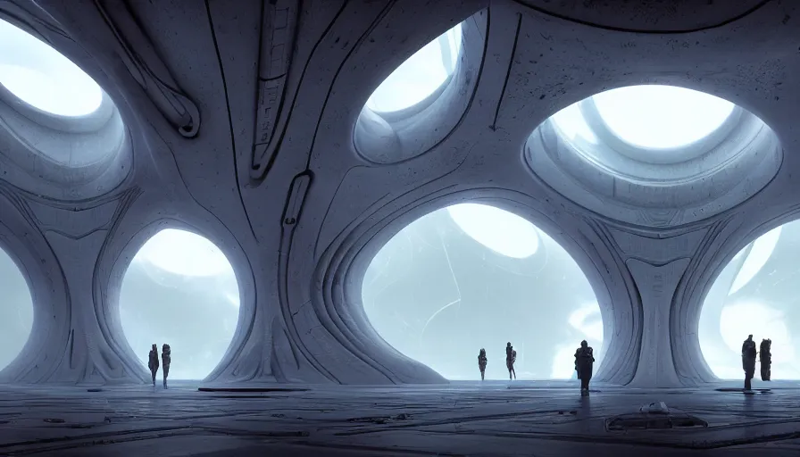 Image similar to the inside of a monument with alien motifs, by tim blandin and arthur haas and bruce pennington and john schoenherr, big windows architecture by zaha hadid, octane render, cinematic, scenery, cgsociety, modernism, futuristic, trending on artstation, sci - fi, high detail, high quality, close up angle, people walking