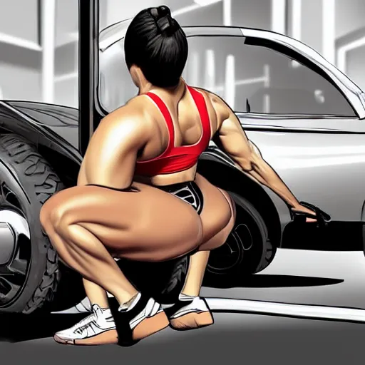 Prompt: sweaty muscular female lifting a car, photorealistic