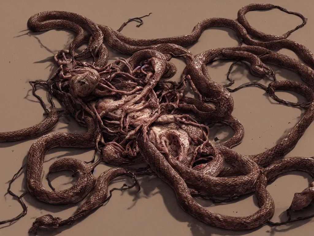 Prompt: rotting snake with human face consisting of tumors, veins, guts, long spider paws, kidneys, wires, shafts. bodyhorror, death, fear, horror, by caravaggio, extremely high detail, ultra realistic, photorealism, concept art, octane render, view from a distance, 4 k