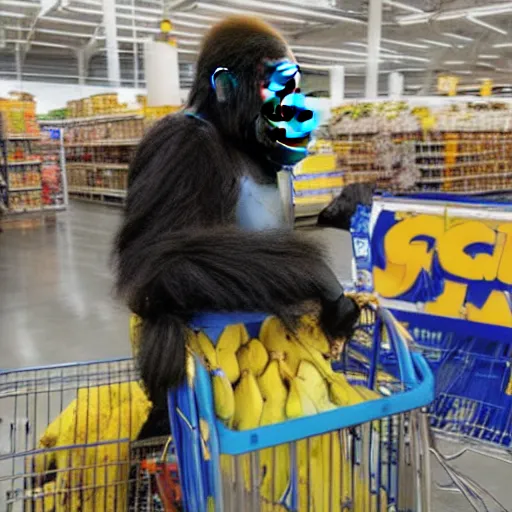 Prompt: a woman in a gorilla suit with a shopping cart filled with bananas at walmart