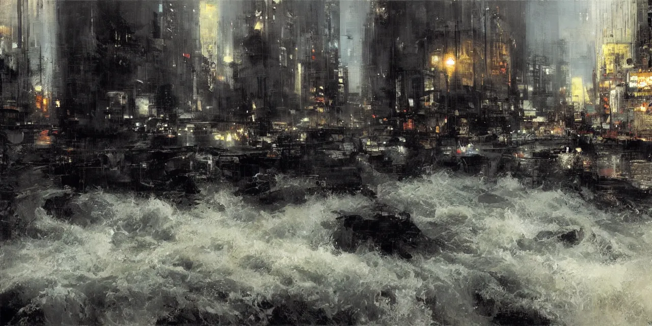 Prompt: street level view of turbulent river rapids rushing through a city at night , by Jeremy Mann