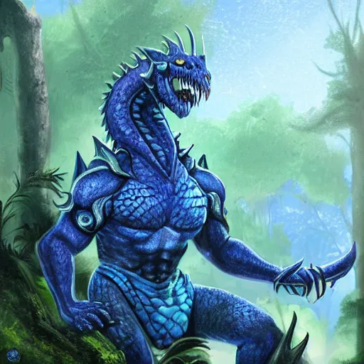 Image similar to A dragonborn with blue scales in a rainforest, trending on artstation, digital art