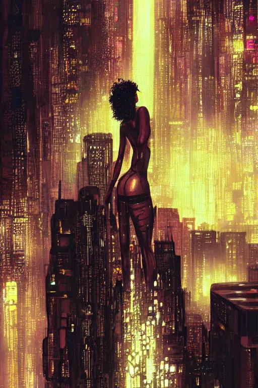 Image similar to a beautiful young Black woman, cyberpunk, Blade Runner city background, highly detailed, artstation, illustration, art by Gustav Klimt