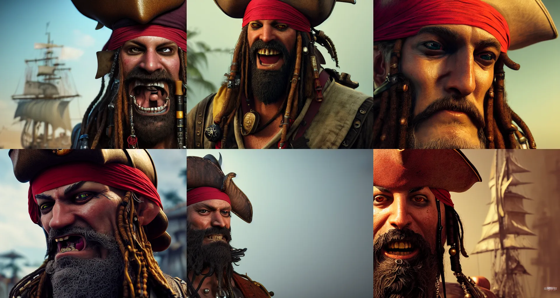 Prompt: incredibly realistic, too detailed face of pirate blackbeard, marshall d. teach, octane render, bump mapping, macro image, global illumination, 8 k, bokeh, enki bilal, yuji himukai, jen zee, mohrbacher