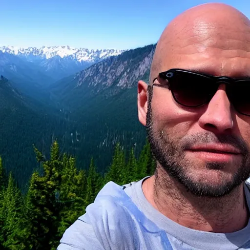 Prompt: 4 0 - year - old, french man from louisiana, shaved bald head, surprised frown, thin build, climbing mountain in washington, wearing sunglasses