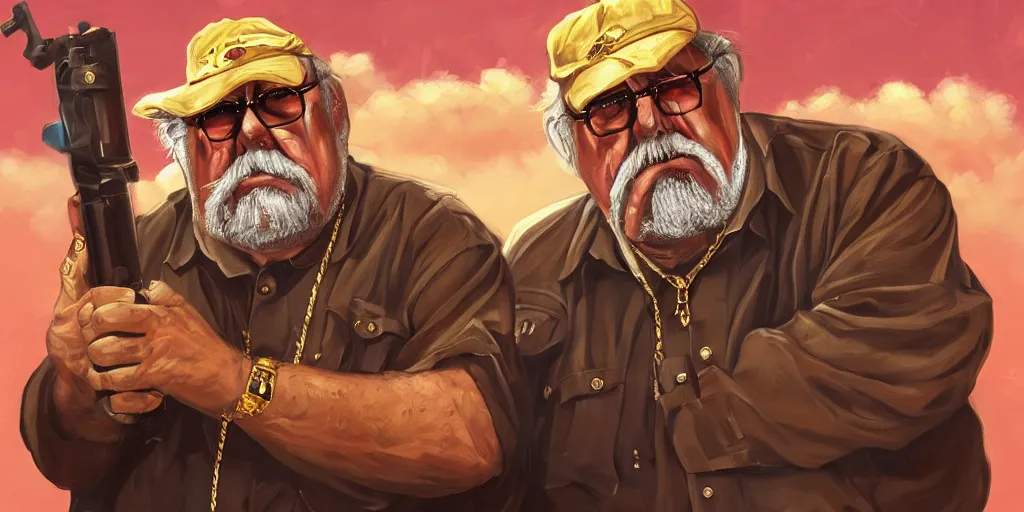 Image similar to wilford brimley rapper wearing gold chains with gold rings on his fingers carrying rpg - 7 diabeetus high fidelity painting high resolution trending on artstation