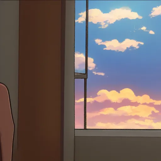 Image similar to A lonely child cries because it has no friends, Makoto Shinkai style, interior, sunset out the window