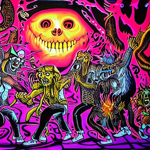 Image similar to mural of demons in rave party in hell by Chor Boogie