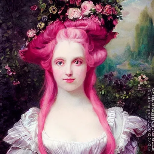 Prompt: Alice in Wonderland,a portrait of a beautiful Pink hair girl,Diamonds Blaze,Rose twining,luxuriant,dreamy, eternity, romantic,highly detailed,in the style of Franz Xaver Winterhalter, highly detailed,in the style of Aetherpunk