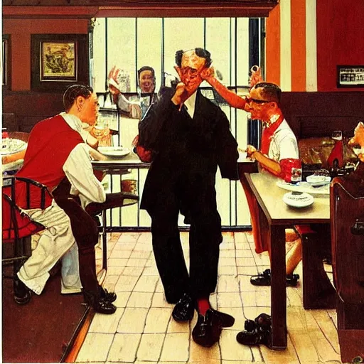 Image similar to the tallest man in the world gets himself into difficulties in a restaurant and threatens the horrified waiter, painted by norman rockwell and tom lovell and frank schoonover