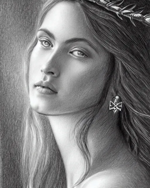 Prompt: long shot realism pencil drawing of the beautiful greek goddess aphrodite wearing a laurel wreath and arrowhead earrings, beautiful confident eyes, beautiful flowing hair, white god eyes, hyper realistic face, in the style of greg rutkowski, fantasy, amazing detail, epic, elegant, smooth, sharp focus, from the front