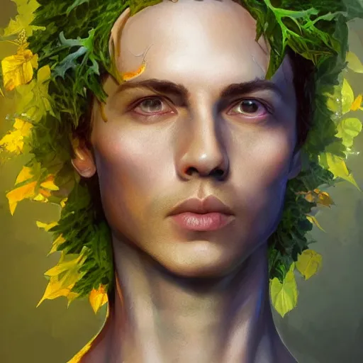 Prompt: sam riegel as a dryad, his skin are yellow leaves portrait, highly detailed, headshot, digital painting, trending on artstation, concept art, sharp focus, illustration, art by artgerm and greg rutkowski and magali villeneuve