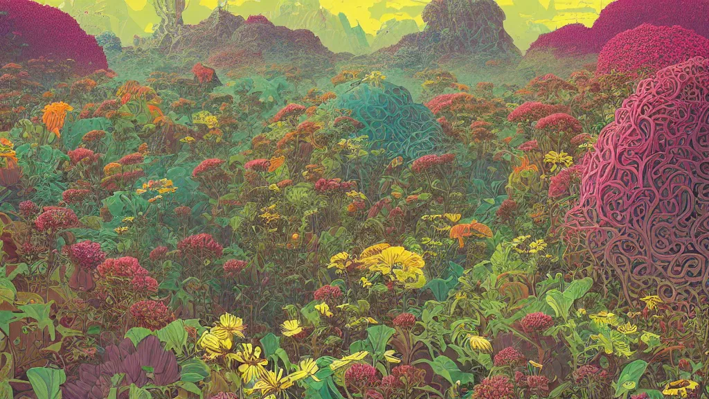 Image similar to highly detailed illustration of a world growing all kinds of flowers by kilian eng, by moebius!, by oliver vernon, by joseph moncada, by damon soule, by manabu ikeda, by kyle hotz, by dan mumford, by kilian eng