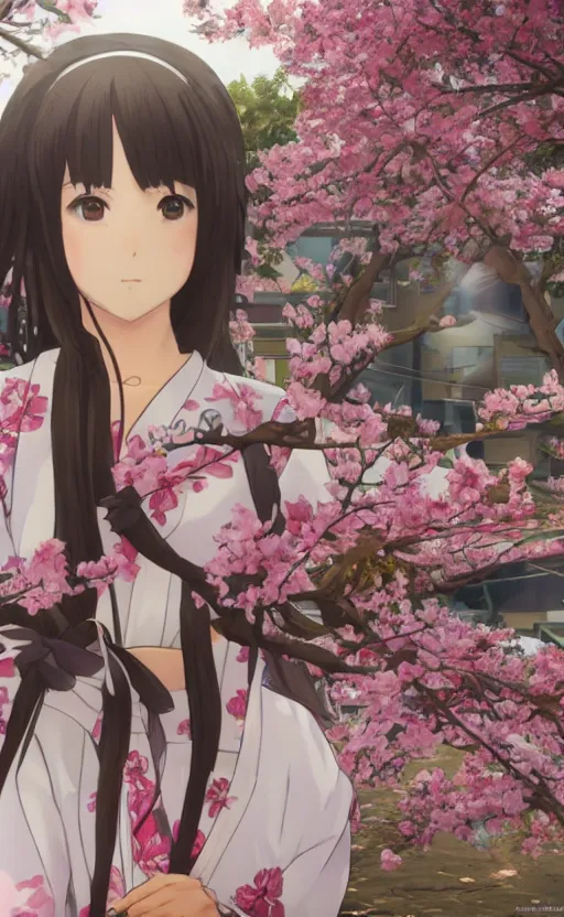 Prompt: anime style, gta 5, panoramic view of girl, centered, yukata clothing, sakura tree in background, brown hair, hair down, symmetrical facial features, from arknights, hyper realistic, extreme detail, volumetric lights, 4 k drawing, safebooru, realistic lighting, by alphonse mucha, greg rutkowski, sharp focus, backlit