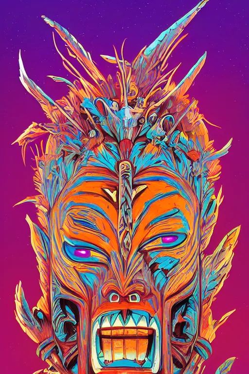 Image similar to totem animal tribal chaman vodoo mask feather gemstone plant wood rock video game illustration vivid color borderlands by josan gonzales and dan mumford radiating a glowing aura