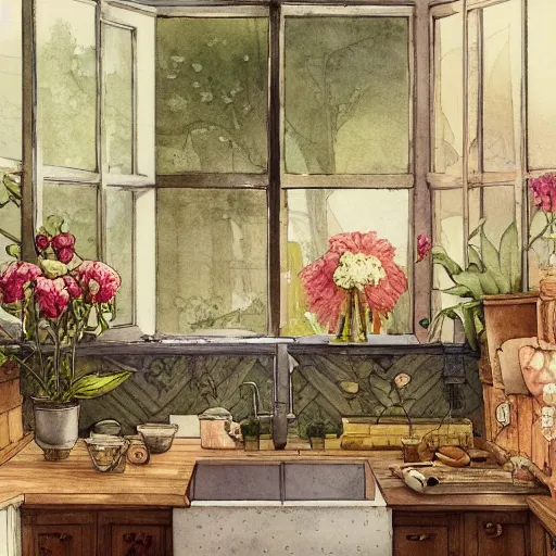 Prompt: a beautiful intricate watercolor illustration of a kitchen, flowers, leaves, 4 k, ultra - wide angle, by william turner, by victo ngai, by moebius, by gustave dore, hd, trending on artstation, hyper detailed, muted intense colors