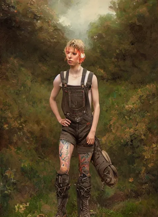 Image similar to digital _ painting _ of _ painted tank top, overalls and combat boots _ by _ filipe _ pagliuso _ and _ justin _ gerard _ symmetric _ fantasy _ highly _ detailed _ realistic _ intricate _ port