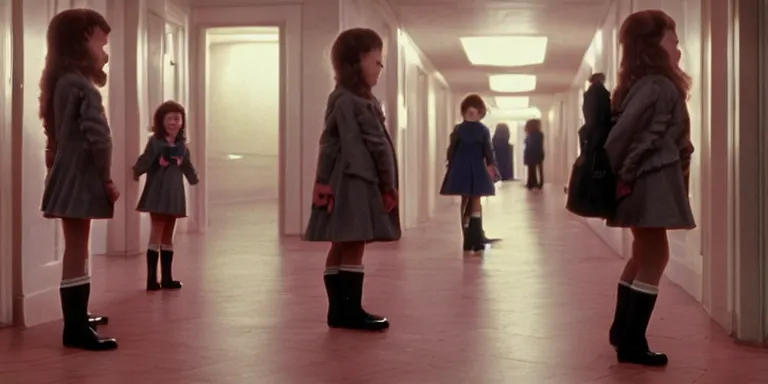 Image similar to photorealistic ultra wide cinematography of twin girls standing side by side in stanley kubrick's 1 9 8 0 film the shining standing in a long hallway inside the overlook hotel starring right at the camera shot on 3 5 mm eastman 5 2 4 7 film by the shining cinematographer john alcott shot on a wide kinoptik tegea 9. 8 mm lens. with golden ratio composition