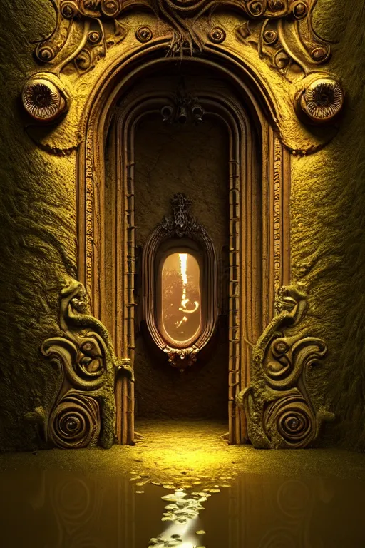 Prompt: ornate doorway leading to a dead god in a desert lush vegetation, warm tones, night, water reflection : : by michal karcz, daniel merriam, victo ngai and guillermo del toro : : ornate, dynamic, particulate, intricate, elegant, highly detailed, centered, artstation, smooth, sharp focus, octane render, 3 d